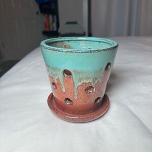 Allen & Roth Ceramic Orchid 6” Planter Glazed Brown & Turquoise